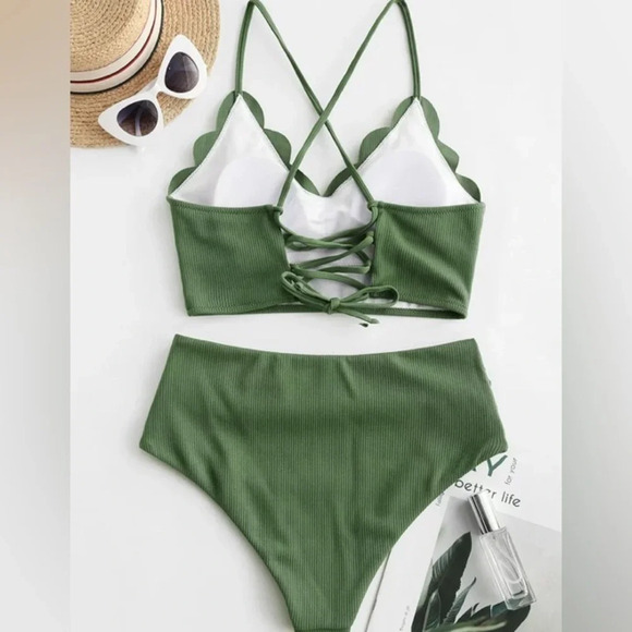 Zaful Ribbed Scalloped LaceUp TummyControl Tankini Green Size Small NWT - Picture 2 of 8